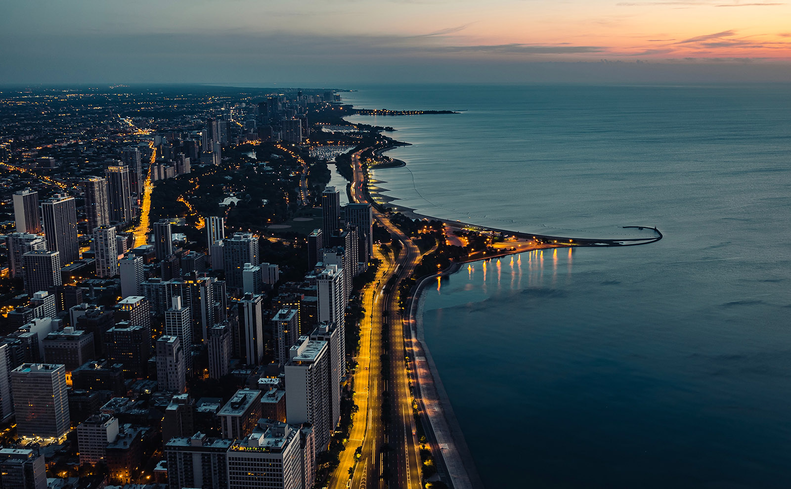 overhead view of chicago at night