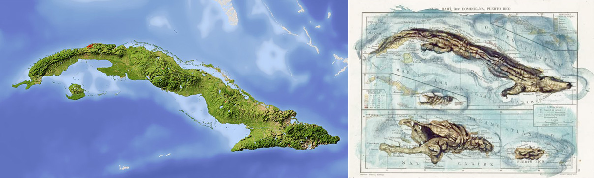 overhead photo of cuba and illustration that shows cuba as a crocodile