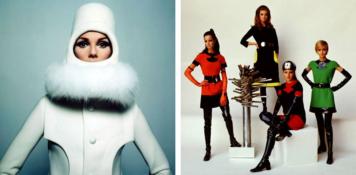  60s fashion models in brightly colored clothes designed by pierre cardin