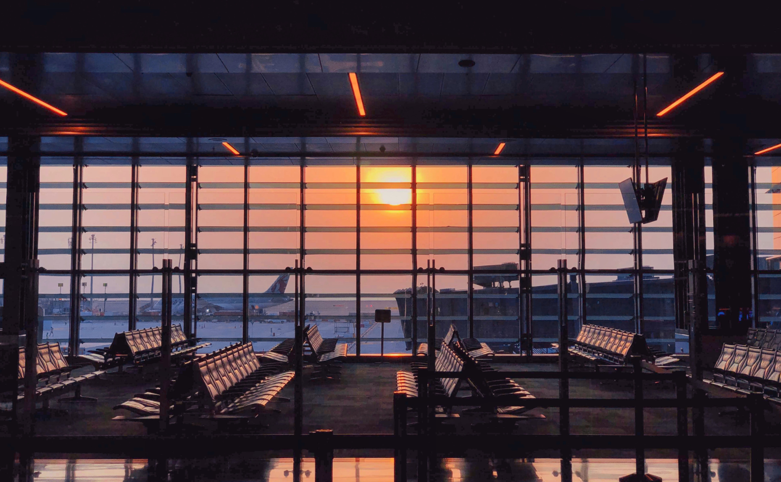 deserted airport at sunset