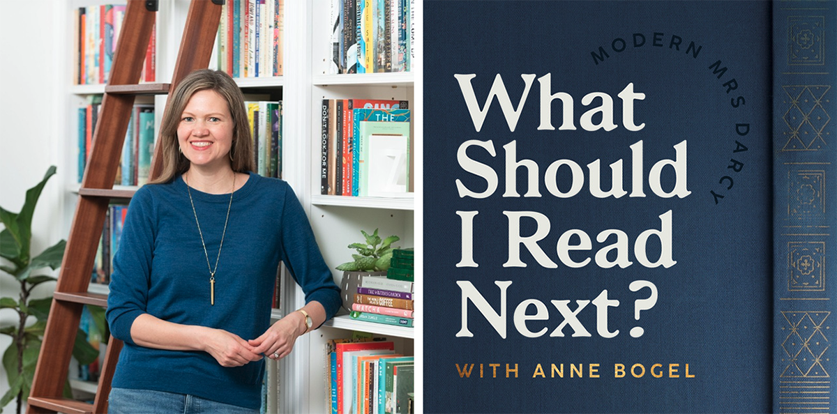photo of anne bogel wearing a blue sweater and standing in her library with the logo for the what should I read next podcast