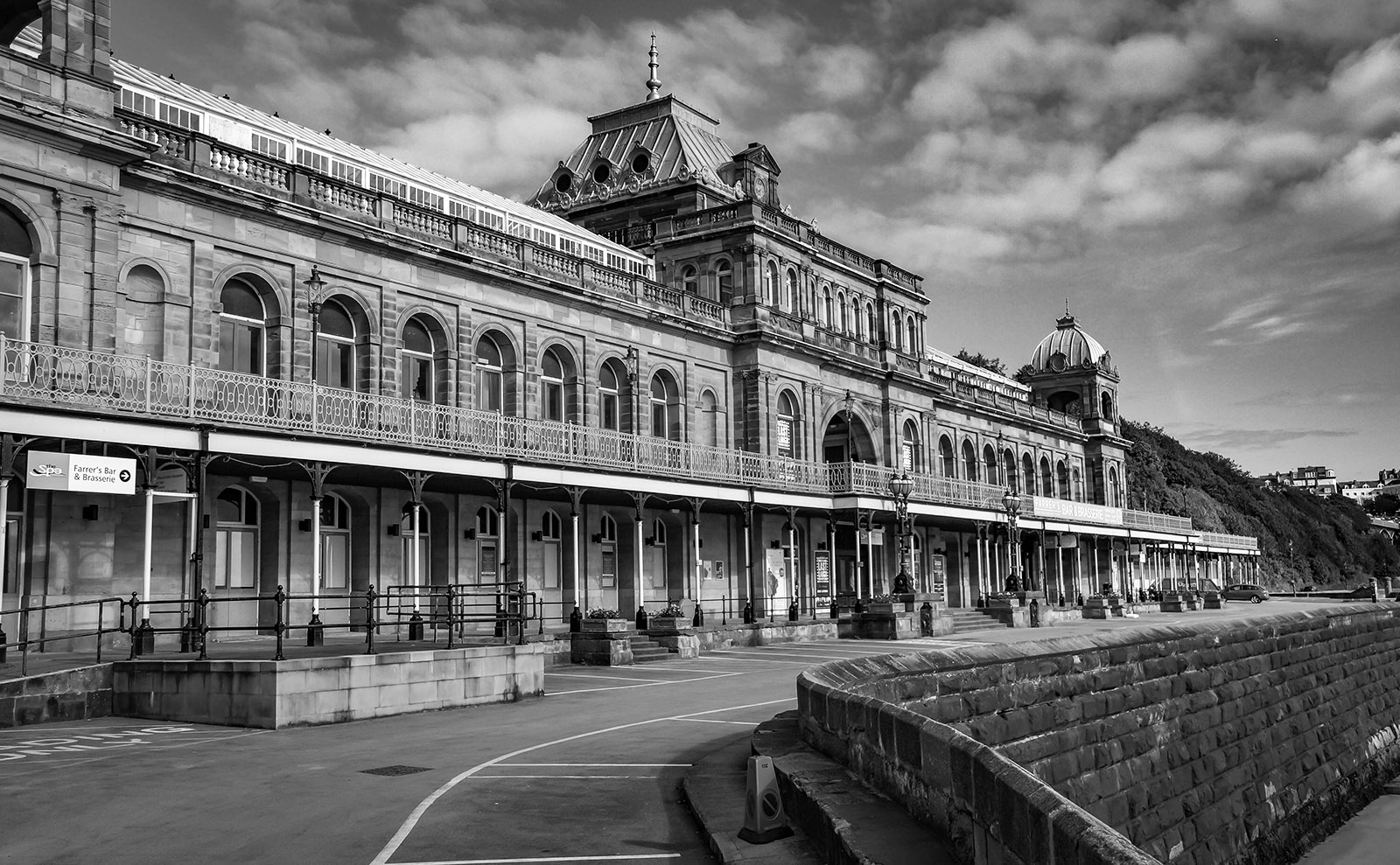 black and white photo of victorian gothic spa building in scarborough, england