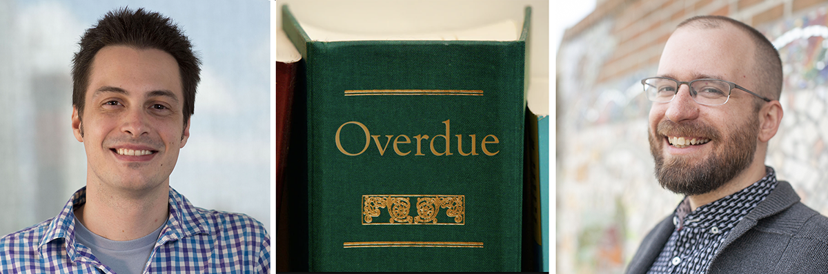 photos of andrew and craig with the overdue podcast logo which is a green book with the word overdue in gold letters