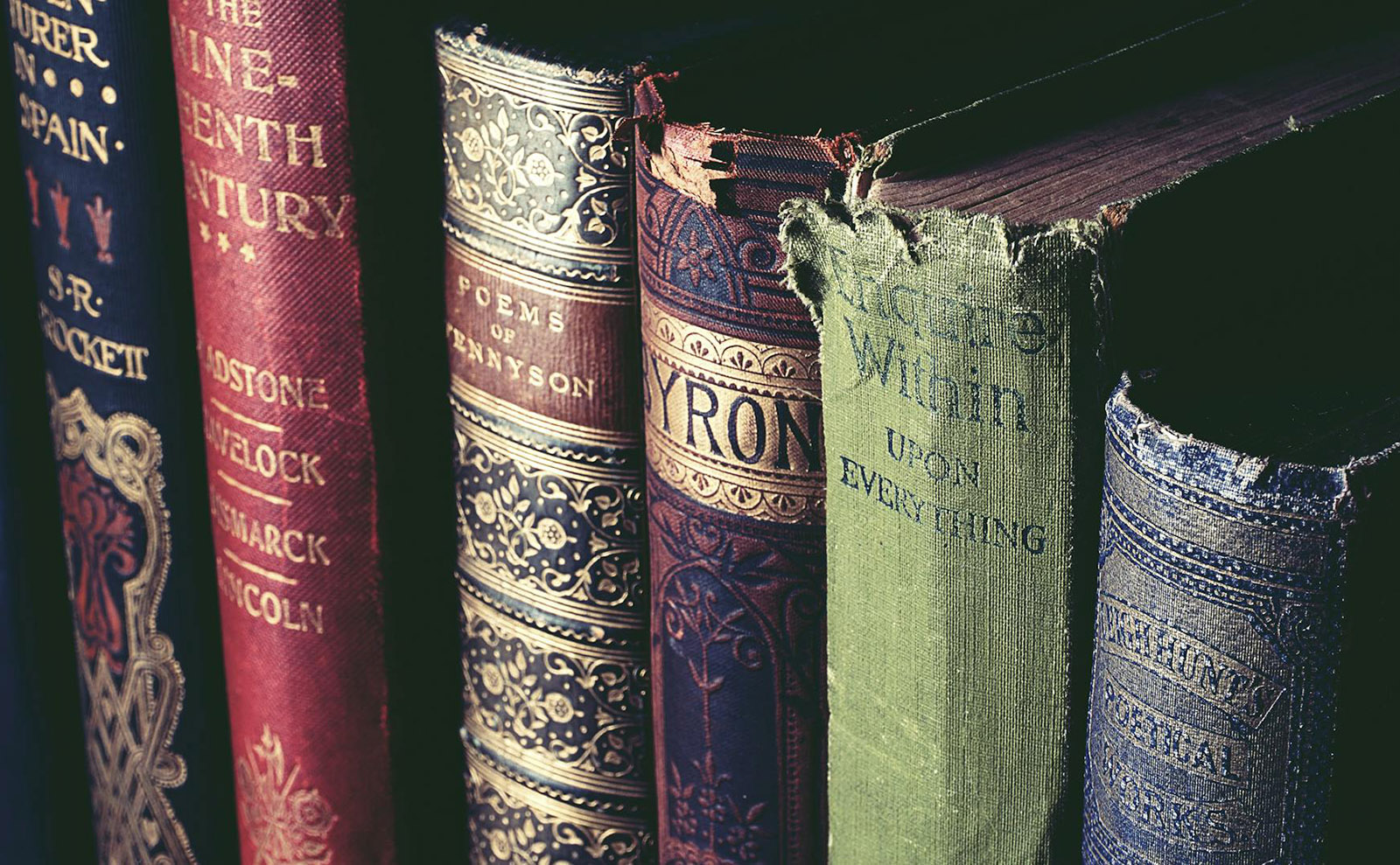 multicolored spines of vintage books lined up on a shelf with flattering lighting