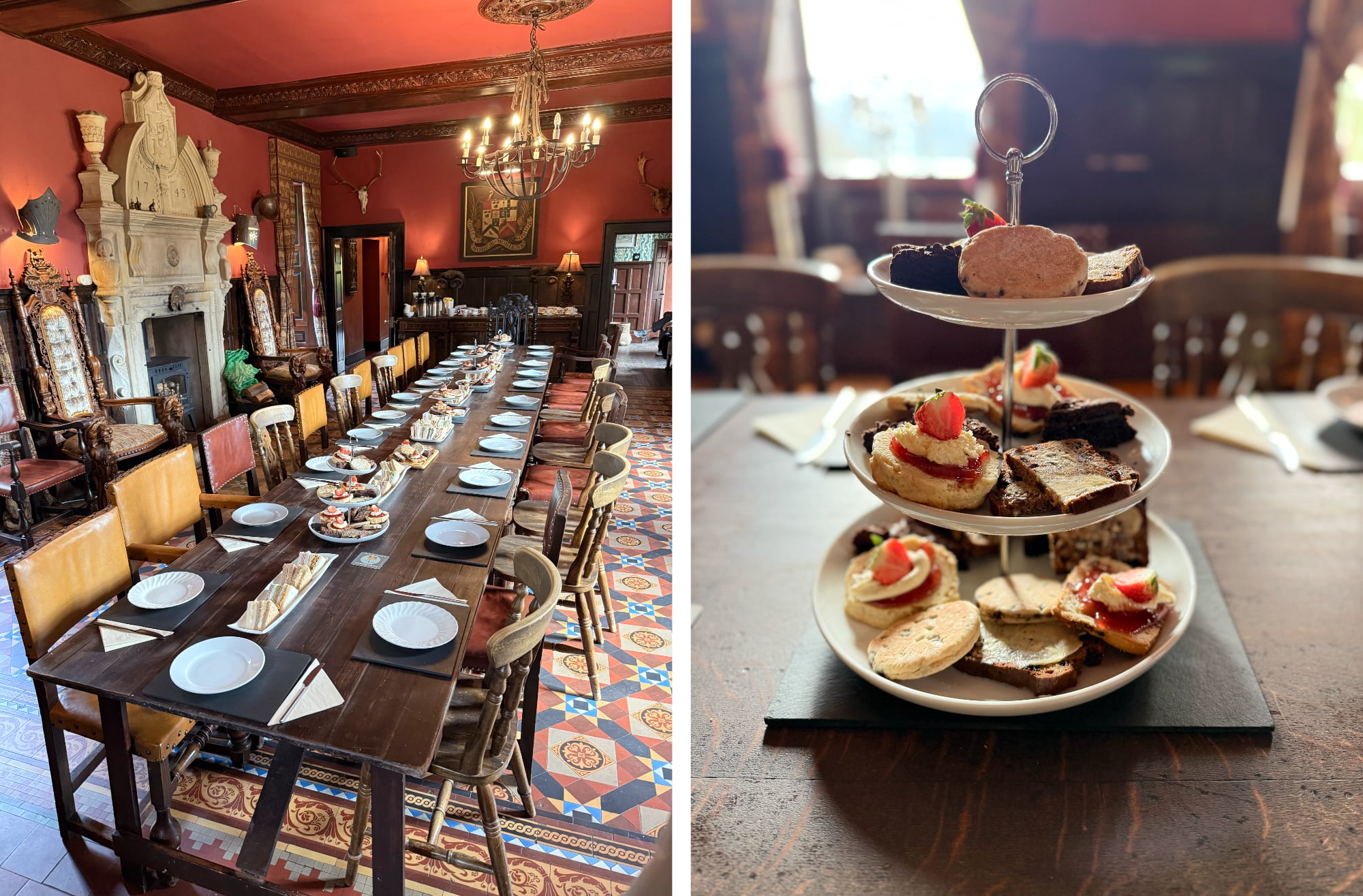 overhead photos of a cup of tea and an array of finger sandwiches