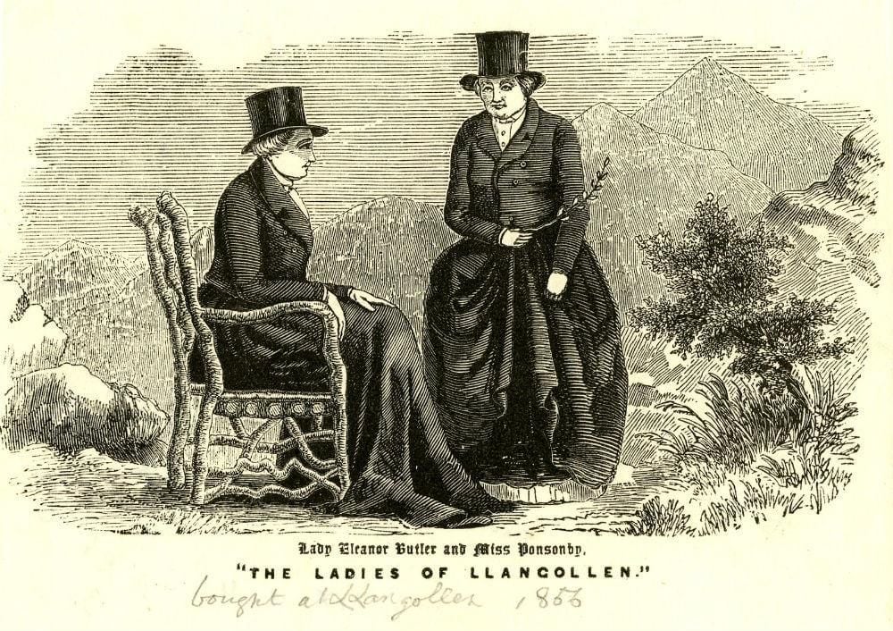 black and white illustration of two victorian women