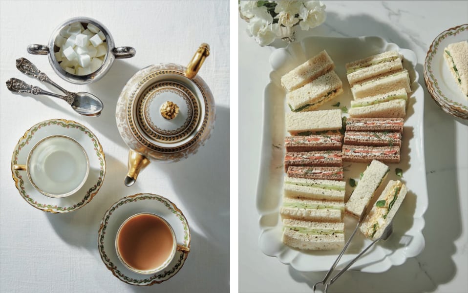 overhead photos of a cup of tea and an array of finger sandwiches