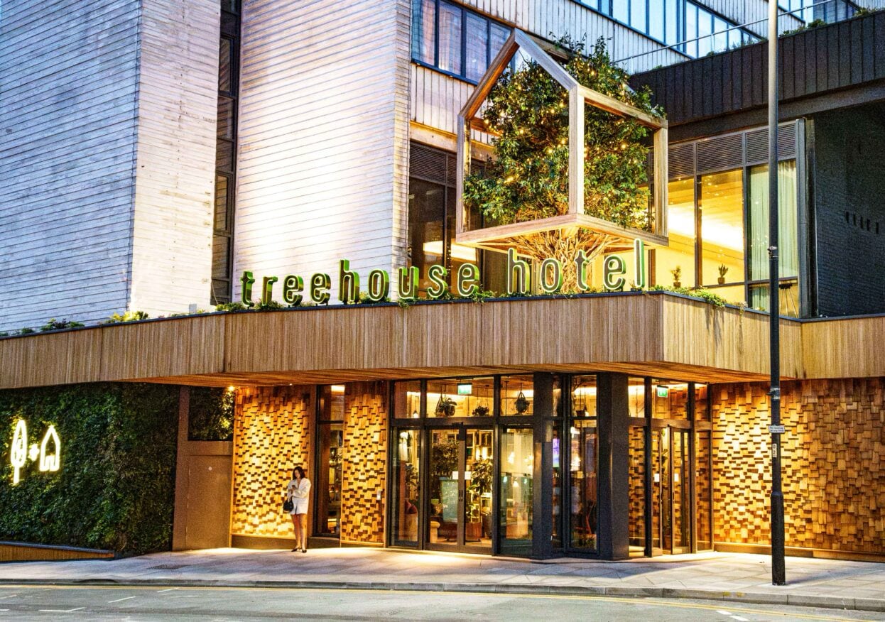 lighted front of the treehouse hotel