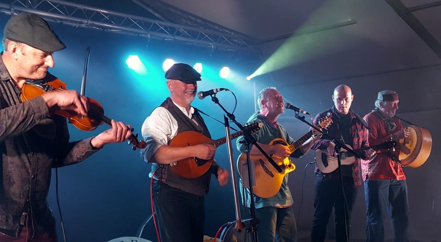 five musicians standing in a diagonal line on stage with instruments