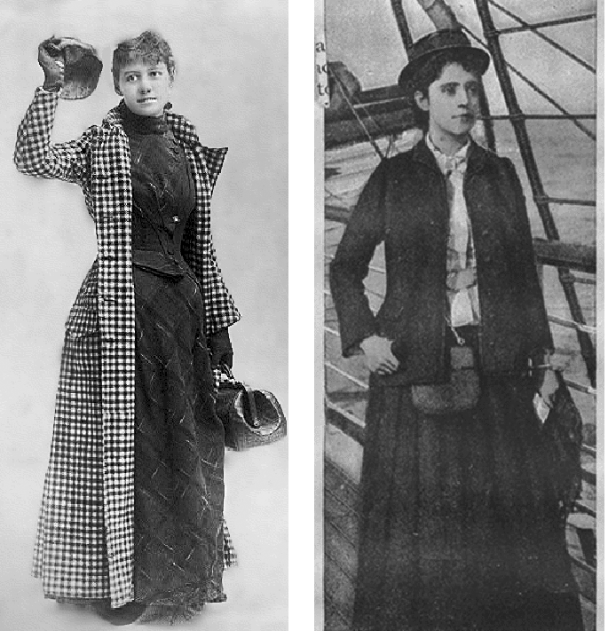 black and white photos of nellie bly and elizabeth bisland in their traveling clothes