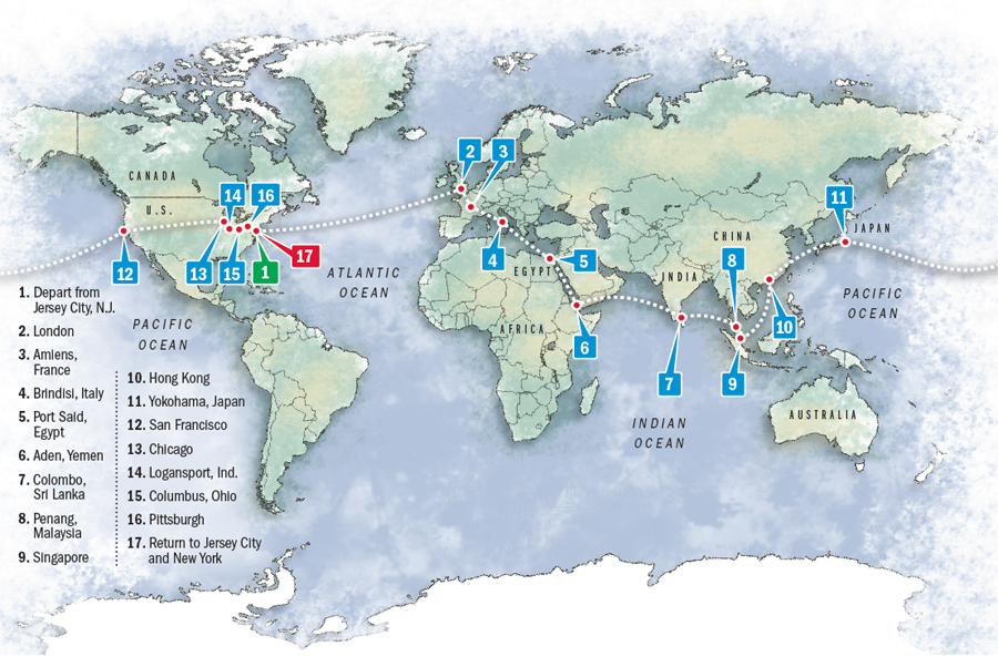 map of nellie bly's route around the world