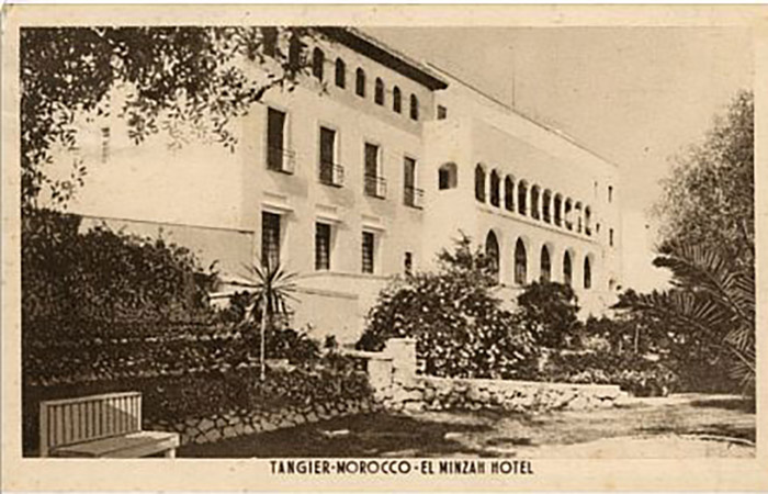 black and white photo of the el minzah hotel and garden