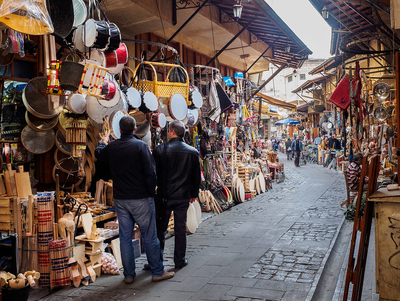 market with handcrafted items on a cobblestone street in gaziantep city, turkey