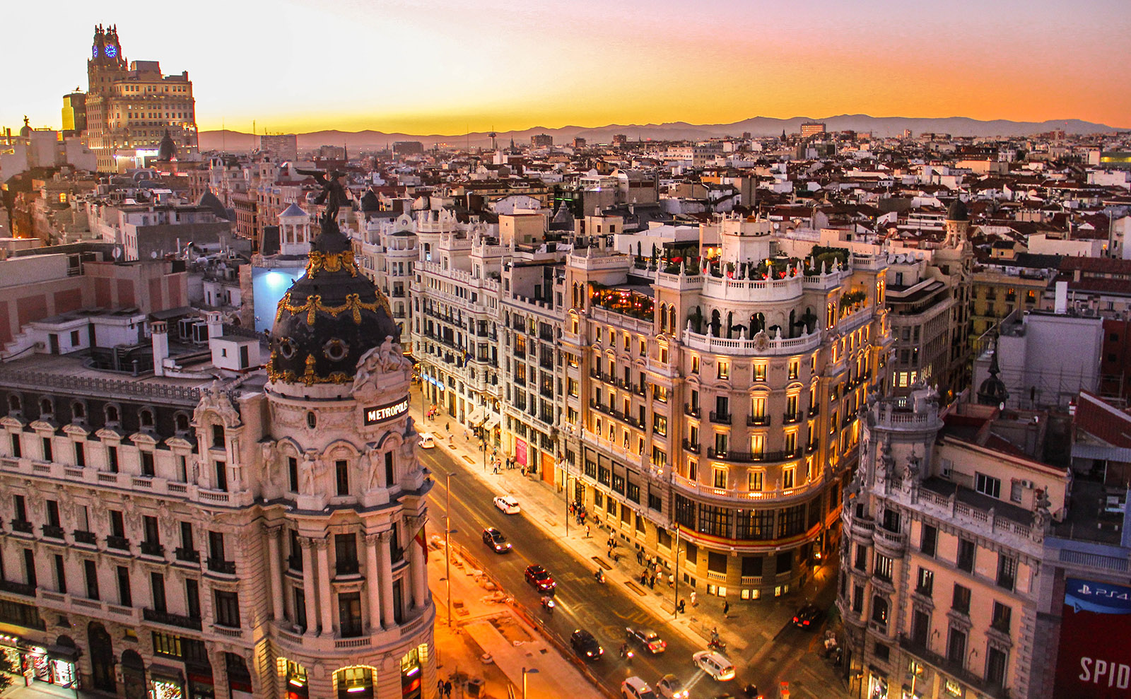 overhead view of a street in madrid at sunset