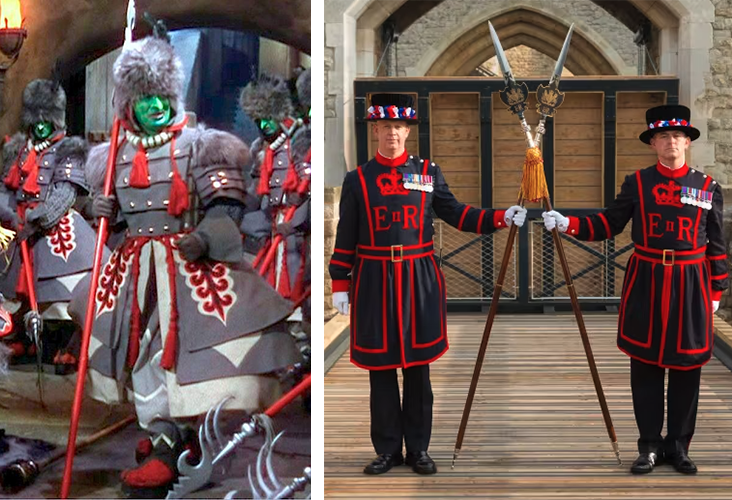 an image of the witches guard from wizard of oz on the left and two beefeaters in uniform on the right