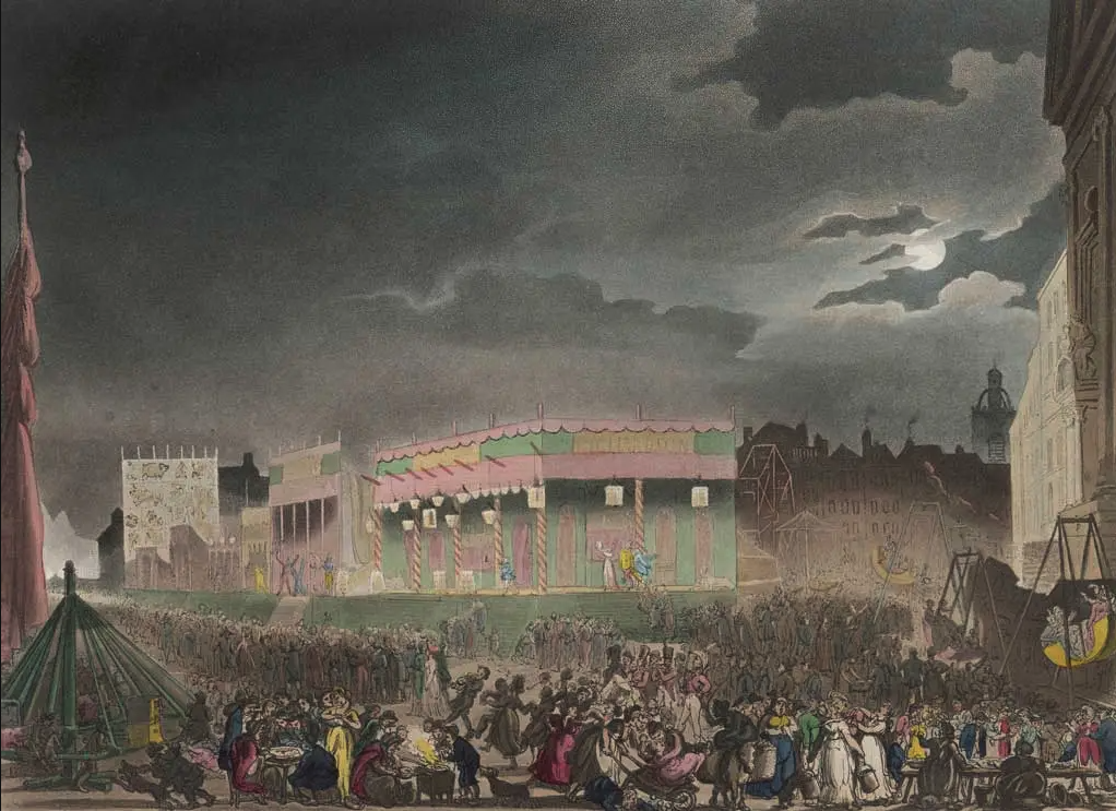 painting of bartholomew fair in london with a crowd of people and a big state