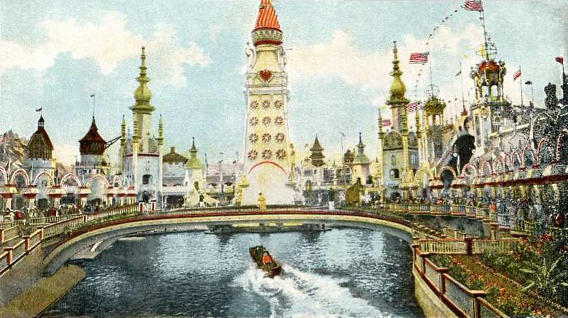 illustration of the lagoon surrounded by historical buildings in luna park