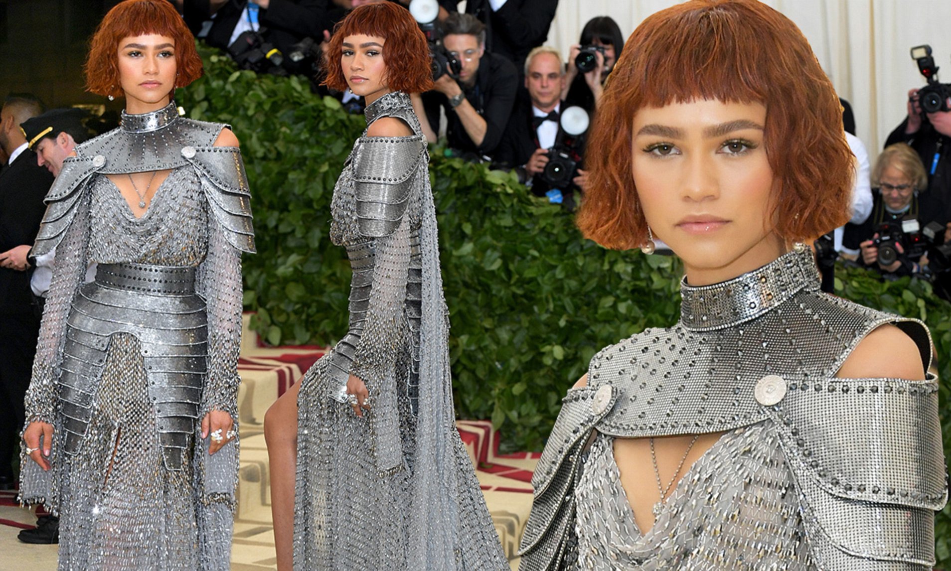 the actress zendaya in a gray chain mail dress on the steps of the met gala