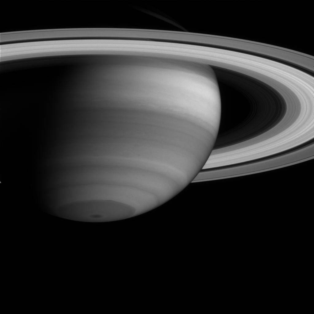 black and white close up image of saturn