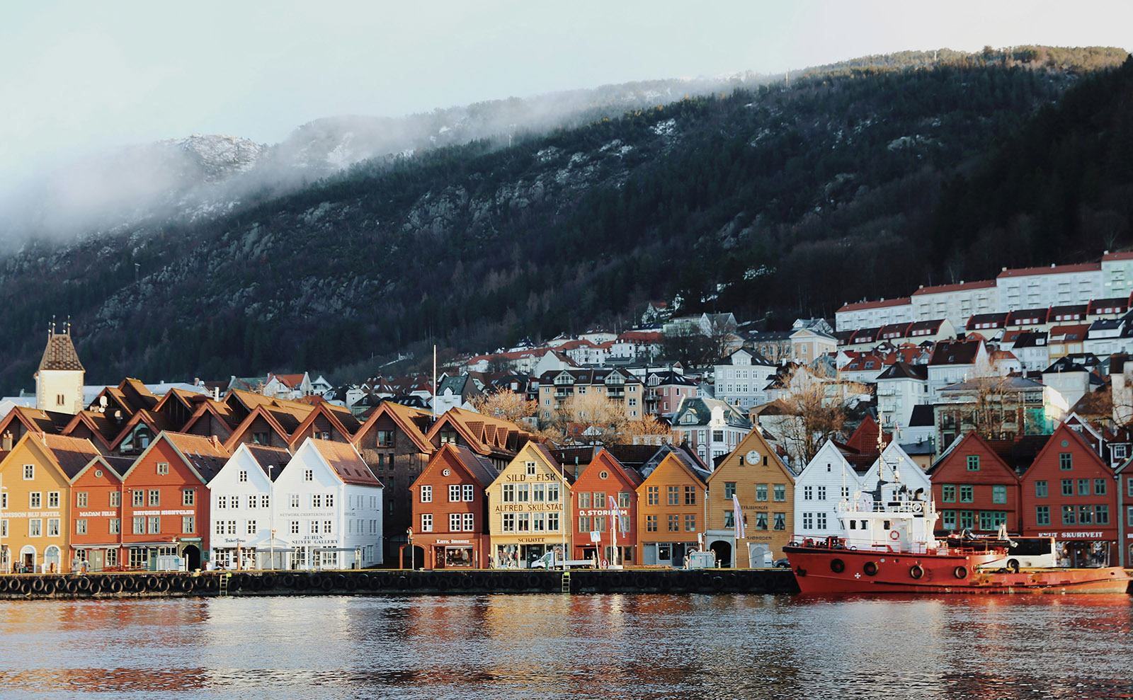 red wooden houses lining the wharf in bergen