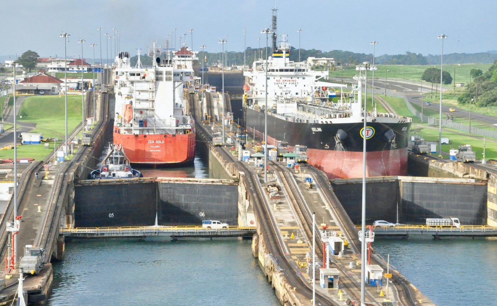 enormous container ship in the panama canal