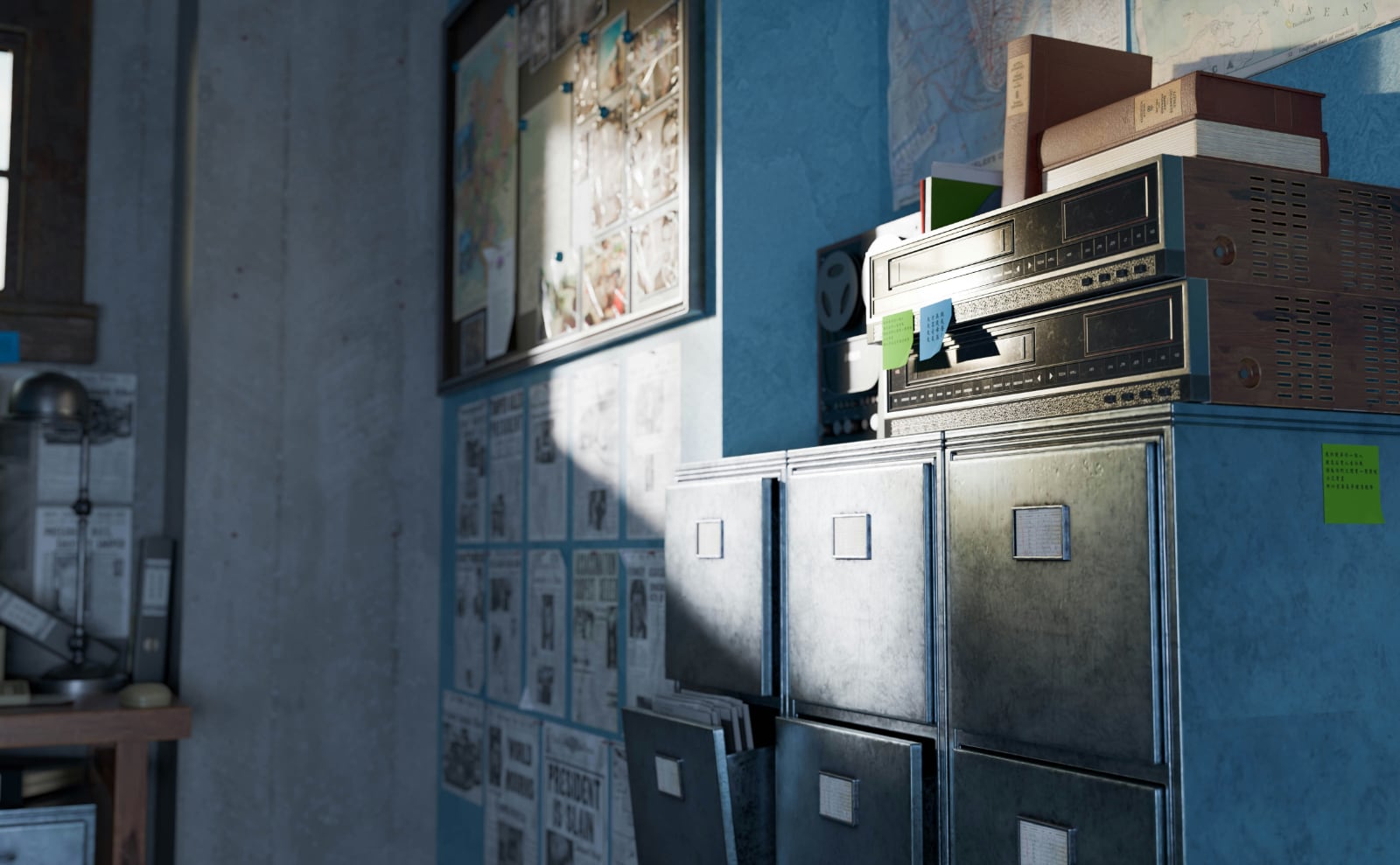 color photo of blue filing cabinets with boxes of papers on top of them