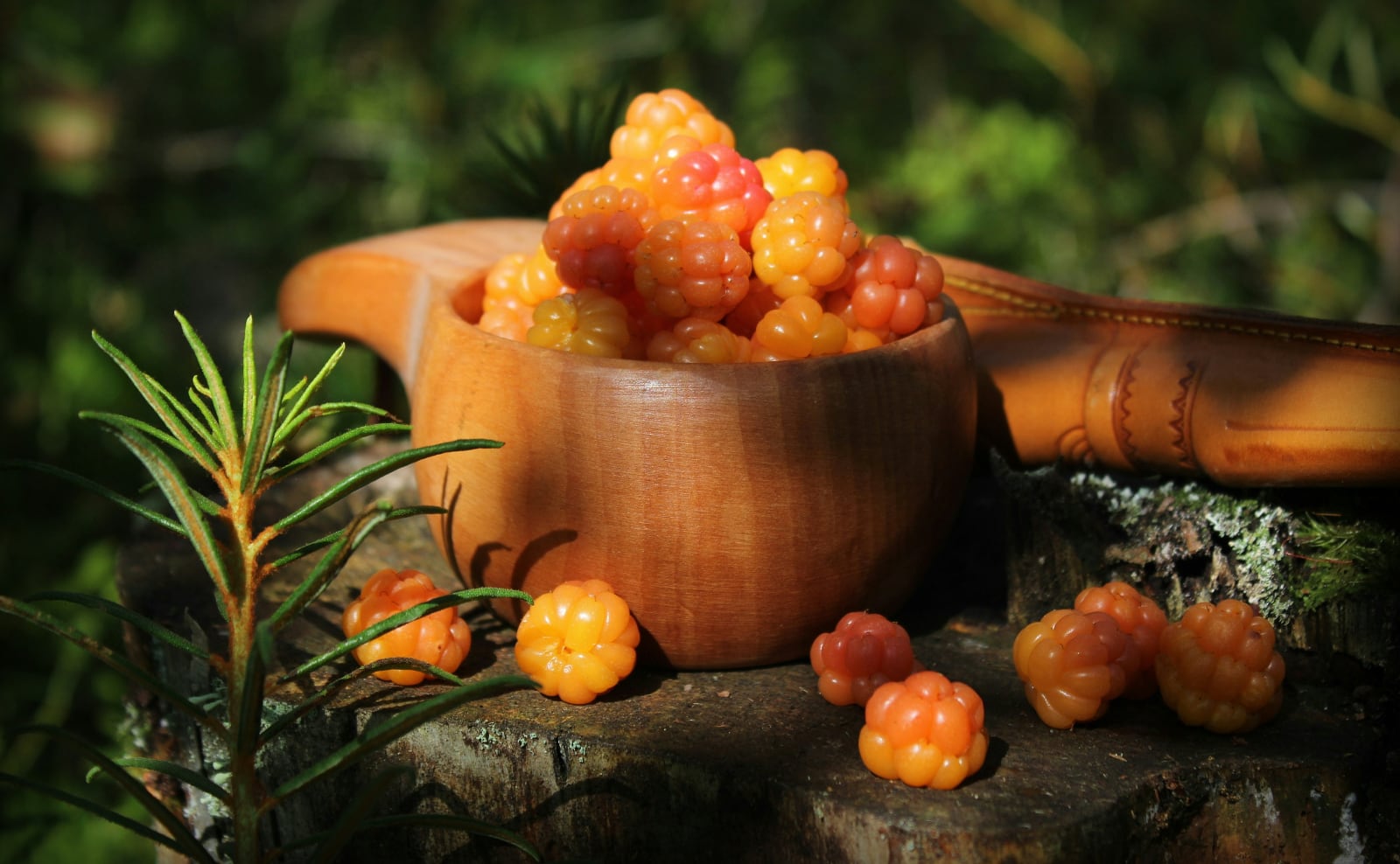 orange-colored berries that look like raspberries in a wooden bowl sitting on a table