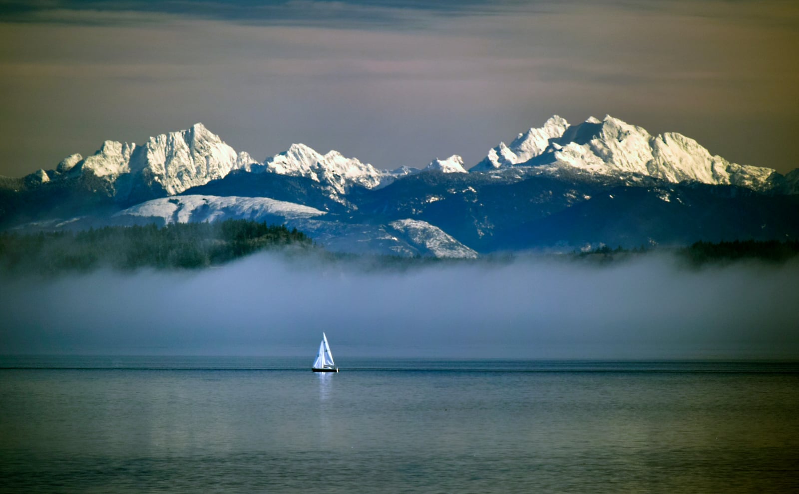 a line of snowy mountains in the background with waters of puget sound in the foreground