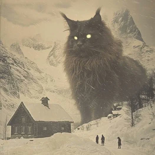 giant black cat stalking children