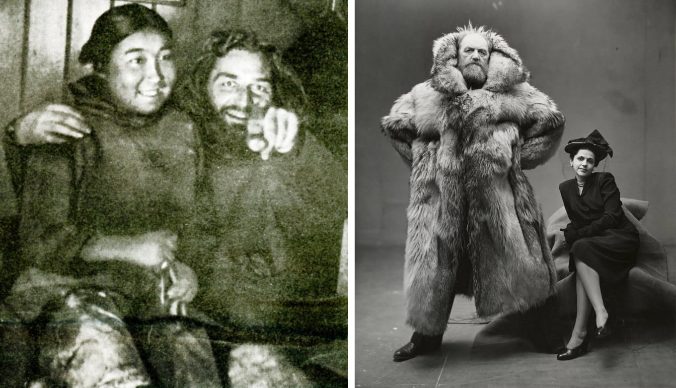 black and white image of a very big man with a beard in a fur coat next to a petite woman in a smart suit