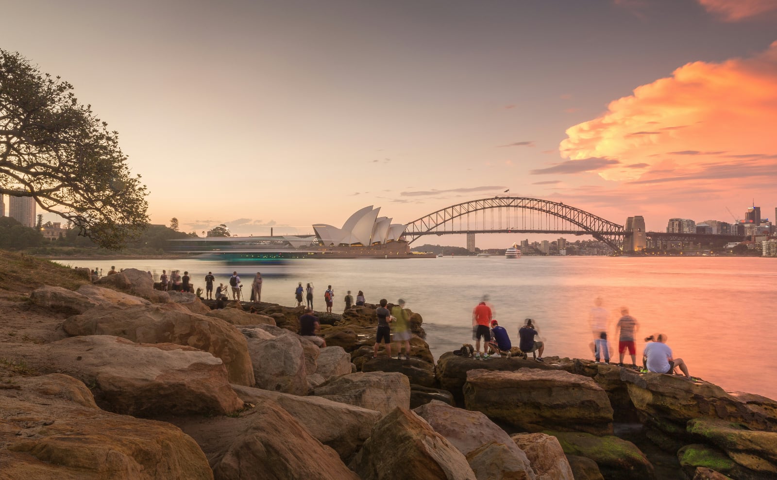people standing by sydney harbor at sunset with the opera house in the background