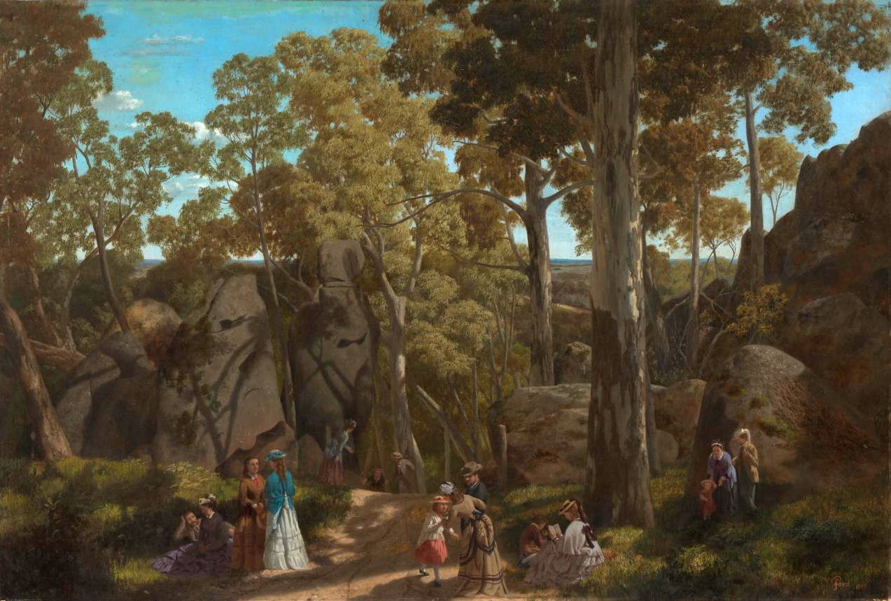 painting of a group of victorian people at a large red rock
