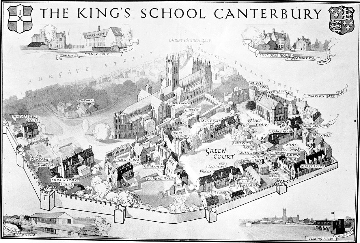 black and white map of school campus with gothic buildings