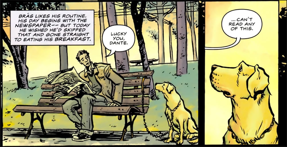 panel from daytripper showing a man sitting on a bench talking to a dog