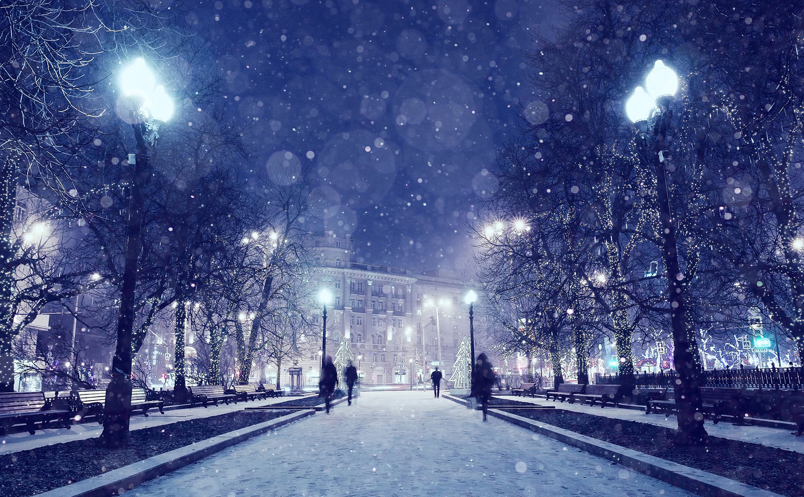 people walking in the city snow at night