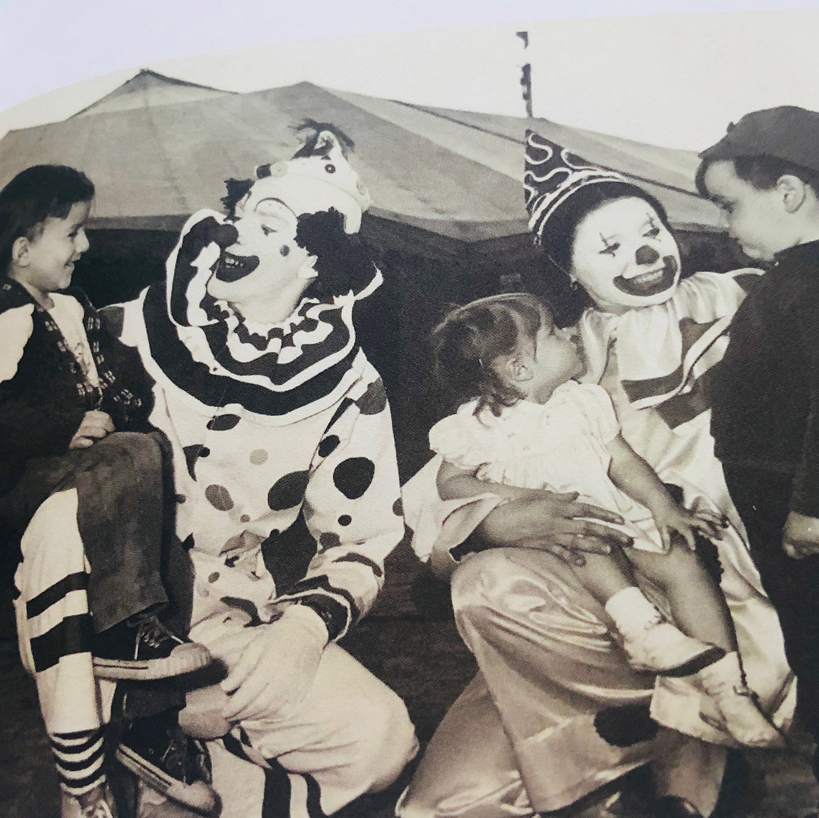 black and white photo of clowns in the sixties