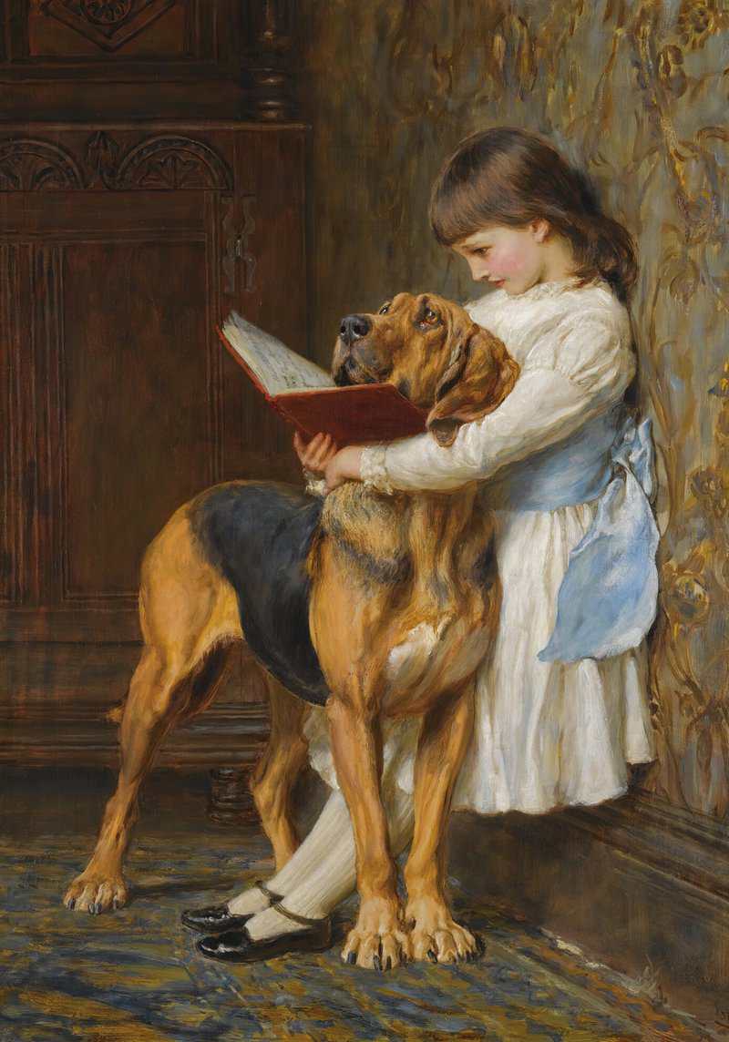 painting of a young Victorian girl in a white lace dress reading a book to a large basset hound with floppy ears