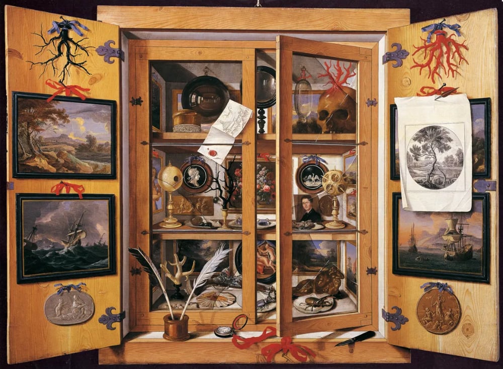 painting of shells, crystals, paintings, and other objects in a cabinet of curiosities