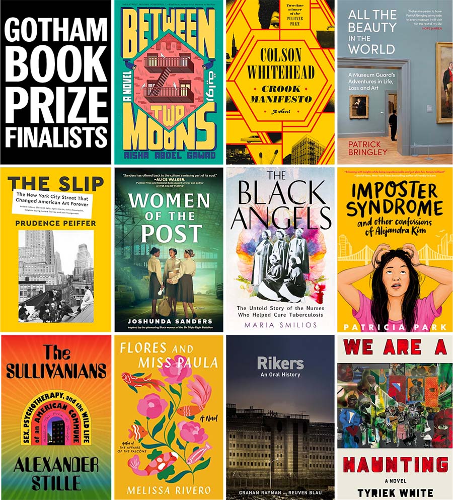a collage of the covers of the 11 books nominated for the gotham book prize