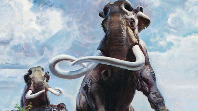 illustration of two wooly mammoths against a bright blue sky