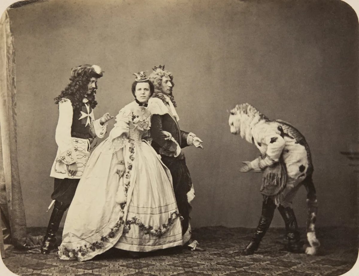 black and white photo of people in costumes