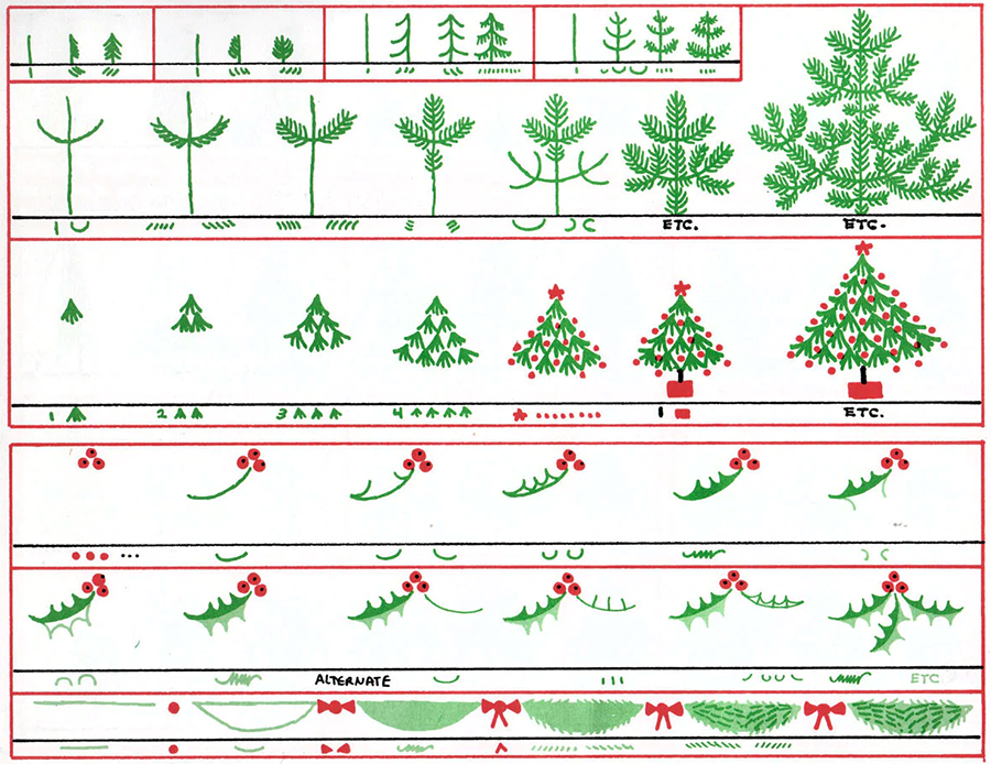 line drawings of christmas trees in red and green