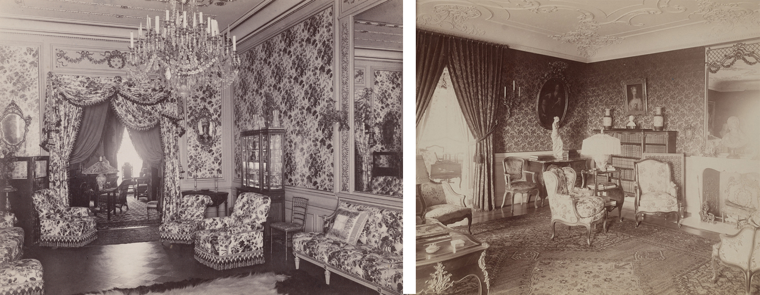 black and white photos of two ornate parlors during the victorian era