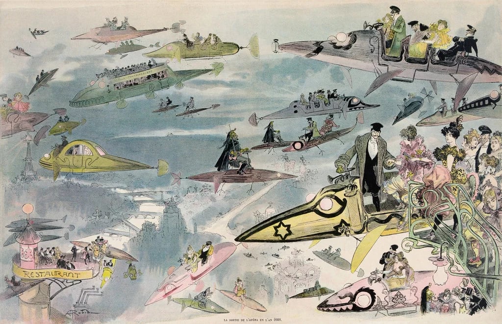 illustration in pastel colors of people in various flying machines over paris