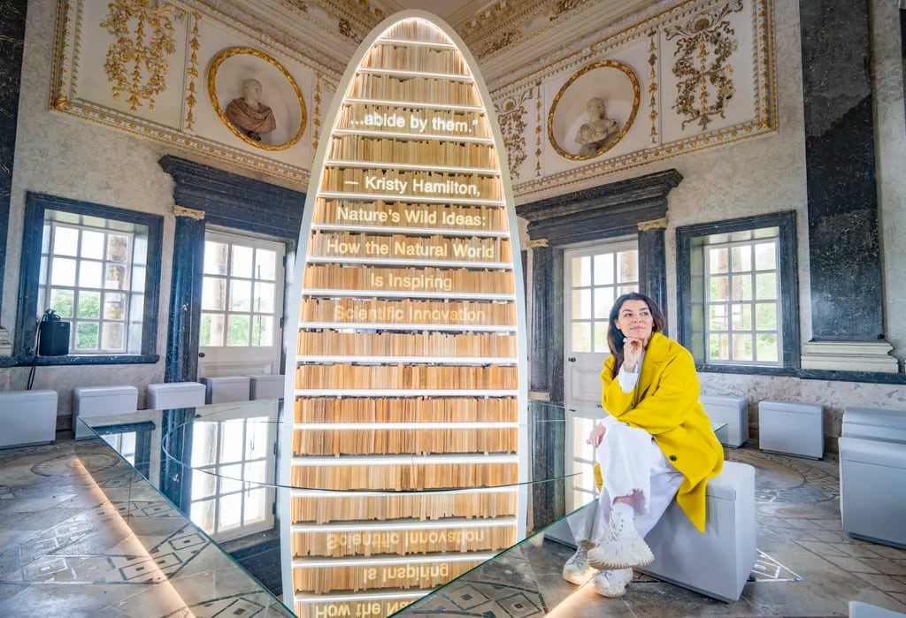 boat-shaped bookshelf filled with rows of books