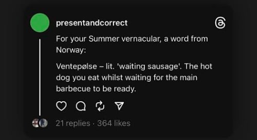 a black image with text that says for your summer vernacular, a word from Norway: Venepolse, which means waiting sausage. The hot dog you eat whilst waiting for the main barbecue to be ready.