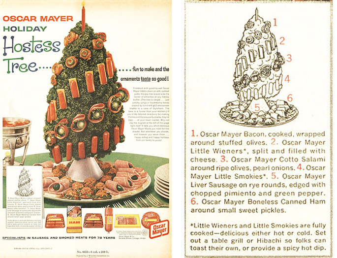  illustration of oscar mayer christmas tree decorated with meat products