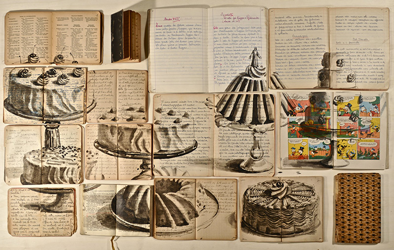 painting of cakes on canvas made of open books by Ekaterina Panikanova
