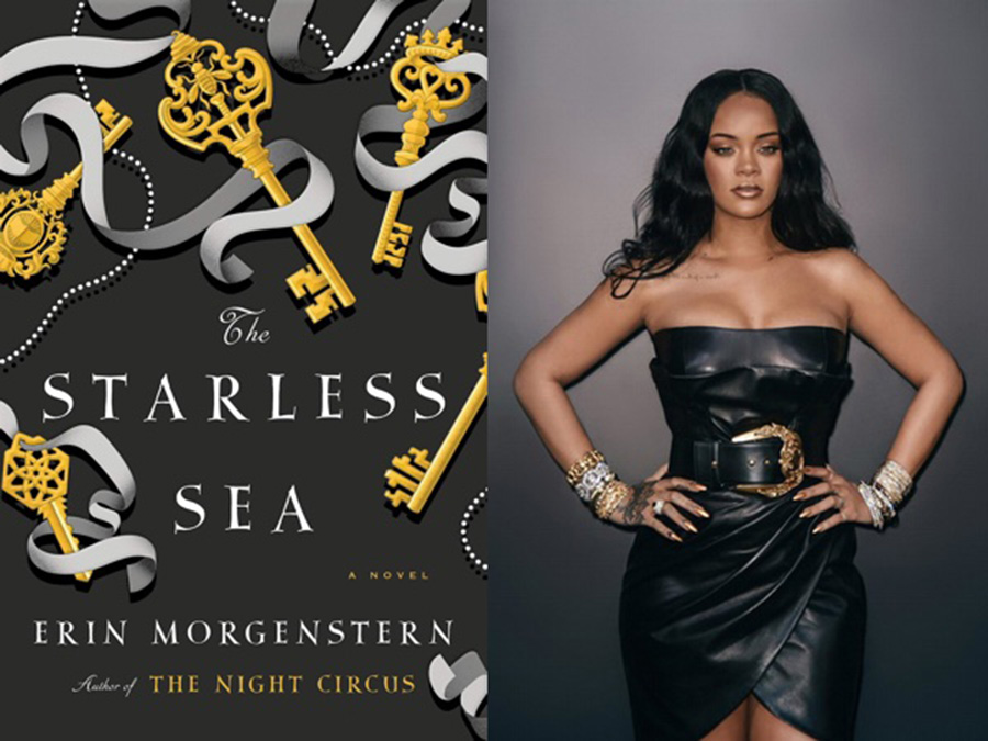 rihanna in a black leather dress with the cover of the starless sea