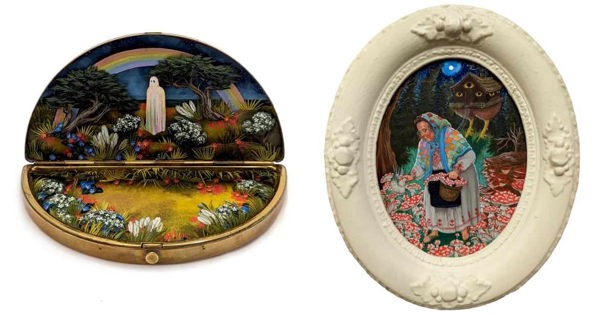an oval-shaped miniature of baba yaga and a round miniature of a ghost